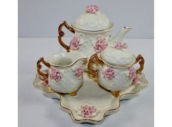 Vintage Rose Teapot With Plate And Sugar And Creamer