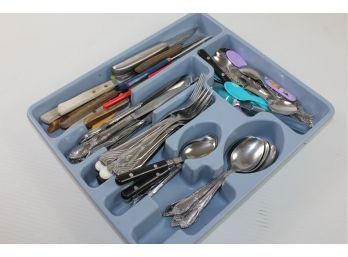 Miscellaneous Silverware With Tray And Lots Of Paring Knives