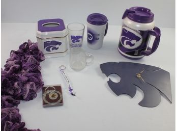 K-State Lot-scarf, Ornament, 2 Insulated & 2 Glass Cups, Ceramic Kleenex Cover, Clock And Keychain