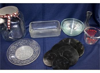 Misc Glass-five Glass Bowls With Covers, Large Glass Jar, Rectangle Baking Dish, Pyrex Measuring Cup