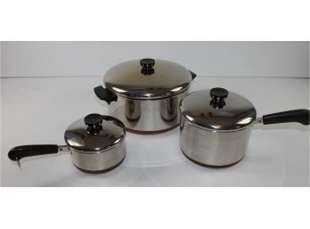 Set Of Three Revere Ware Pans With Lids-1 Quart, 3 Quart, 6-quart