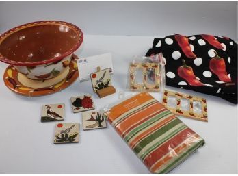 Fiesta Decor Lot-laundry Bag, Vinyl Tablecloth, Lg Ceramic Bowl & Plate, 2 Light Switch Covers, 4 Trivets, Etc