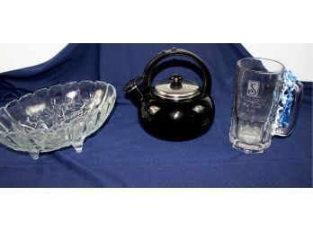 Tea Kettle, Large Mug, Large Footed Oval Heavy Glass Fruit Bowl