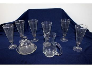 Princess House Pitcher, Covered Cheese Dish And 6 Heritage Cut Pilsner Beer Glasses