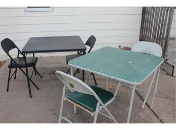 2 Card Table W/2 Chairs Each - Black Cosco Has A Few Small Tears, Green Samsonite Is In Rough Shape