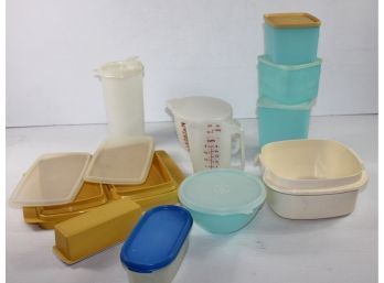 Tupperware Lot # 3 - Pancake Batter Covered Storage Containers, Butter Dish, Relish Tray, Strainer Bowl