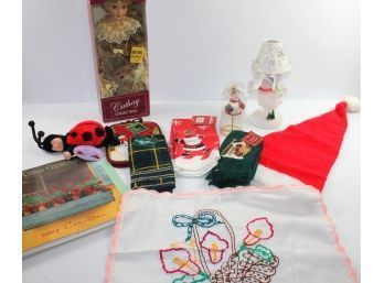 Christmas Votive Holder, Miscellaneous Linens, Porcelain Doll, Anne Geddes 2007 Calendar And Ladybug