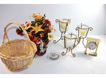 Miscellaneous Decor-3 Pedestal Candle Holders, Bulova Clock, Paperweight, Silk Flowers In Basket