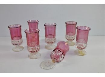 7 Vintage Cranberry Thumbprint Design Stemware Glasses, 2 Are Broken (one Of Which Was Reglued)