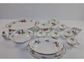 Moss Rose Made In Japan- Large And Small Serving Platter, Gravy Boat, Two Bowls, Cream And Sugar,
