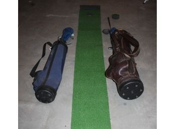 Putting Green And Two Sets Of Golf Clubs In Bags- One Is A Child Set- Many Are Dunlop, Some Nomad
