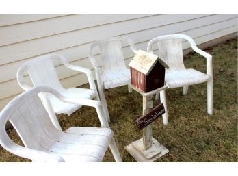 4 Plastic Outside Chairs - 1 Has Some Chips - Wooden Yard Decor