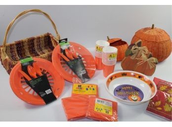 Fall Lot - Nice Basket, 2 Covered Pumpkins, Wood Pumpkins Decoration,  Misc Paper And Plastic Ware