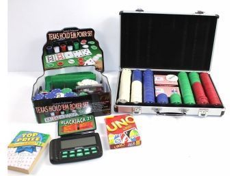 Game Lot Number 2-Texas HoldEm Poker Set, Uno, Blackjack 21 Electric Game, Container With Poker Chips