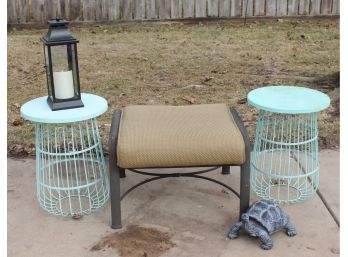 Two Metal Plant Stands One Has Stains, Yard Turtle With One Missing Leg, Fabric Ottoman  Metal Stand