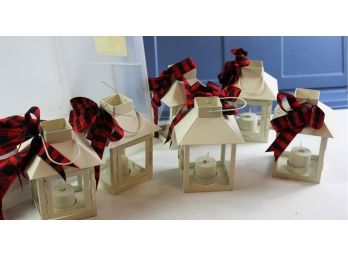 Tote With Lid And 6 Metal Lanterns With Battery Powered Lights And Matching Ribbons - 6 In Tall