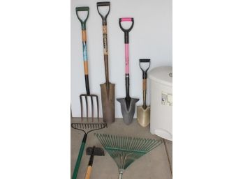 Nice Yard Tools Lot-2 Rakes, Hoe, Pitchfork, Three Shovels, Trash Can
