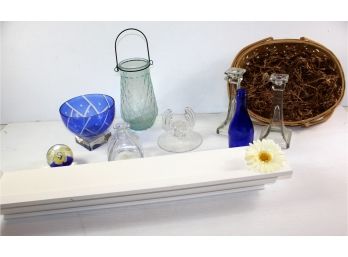 Miscellaneous Decor, Floating 26in Shelf, Blue Glass, Three Candlesticks-possibly Vintage