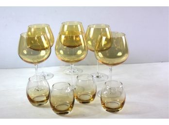 4 Tumblers And 5 Wine Glasses-iridescent Canary Amber