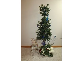 52 In Tall Blue Lighted Tree With Pillow, Small Wreath And Metal Reindeer With Broken Antler