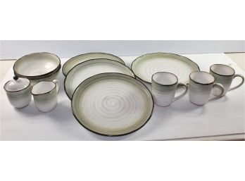 Sango Chromatic Black Dishes-12in Serving Plate, 3 -  9in Dinner, Cream And Sugar And Three Mugs,