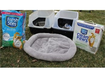 Cat Lot 6 - Two Litter Boxes, Bed, Litter