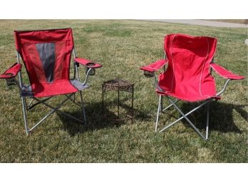 2 Red Folding Lawn Chairs And Small Corner Table 9 In Tall-one Has More Wear-other Has Folding Strap