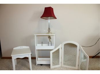 White Wood Furniture-small Table, Small Bookshelf On Rollers, Three Sided Mirror, Lamp With Red Shade
