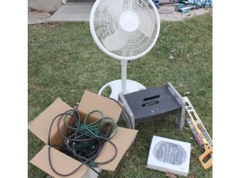 Small Collapsible Stool, Saw, Level, Lasco Fan, Miniature Vacuum Attachments, Extension Cords