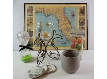 Framed FL Treasure Map, Coasters, Pottery From Holland, Jar With Soap, Metal Fish Stand