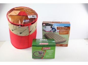 Camping Lot-Ozark Trail Sleeping Bag And Twin Vinyl Air Bed, Coleman Electric Pump