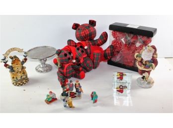 Misc Christmas-3 Stuff Plaid Bears, Lemax Scene Figurines, Candle Misc, Santa, Decorative Vase Filler