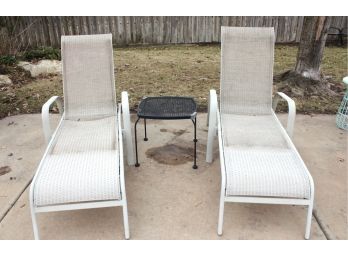 2 Adjustable Chaise Loungers With Metal Table 19 Inch Square-has Discoloration