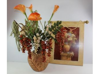 Heavy Clay Pot With Floral Arrangement And Wood Wall Hanging
