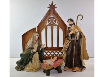 Very Nice 4 Piece Nativity Set, Wood Background Heavy Resin Figures-Joseph 12 In Tall