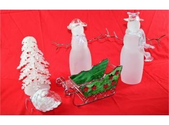 Christmas-mr. And Mrs. Snowman-glass, Tree And Sleigh, Mostly From Kirkland's
