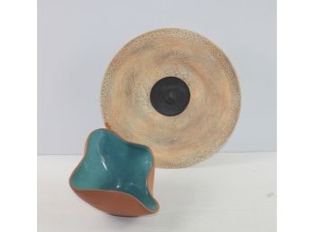 Decor Lot #3-2 Pottery Bowls, Largest Has Chip, Unusual Shaped Teal Glaze With Terracotta
