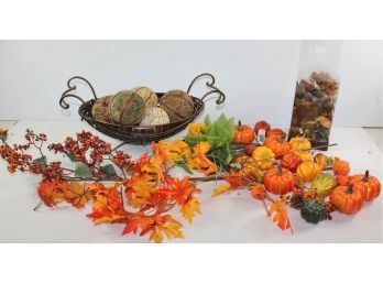 Fall Silk And Plastic, Wood And Metal Basket With Decorative Balls