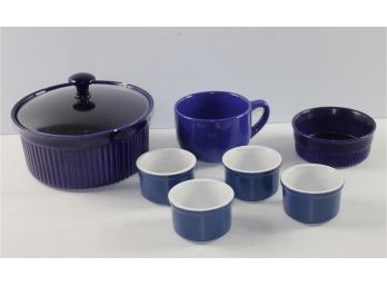 Blue Dishes-4 Cuisinart 5 Oz Ramekin Bowls, Baking Dish With Lid-chipped-and Two Bowls