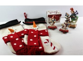 2 Cute Snowman Stockings, Three Stocking Holders, Gift Box