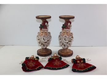 2 Pedestal 12.5 In Santa Candle Holders And 3 - 7-in Angel Ornaments