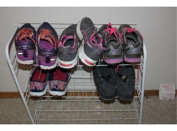 Metal Shoe Rack And 3 Tennis Shoes-New Balance, Brooks, Asics-2 Casual Sizes 9 To 11