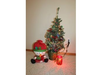 Artificial Christmas Tree With Lights And Decor, Lighted Glass For Potpourri, Big Head Snowman On Sled