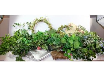 Silk And Plastic Lot 3-Greenery, Wreaths, Some Fabric