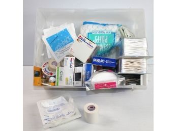 Plastic Tub Of First-aid-Band-Aids, Neosporin, Cotton Swabs, First Aid Tape, Cold Packs