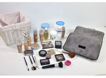 Basket With Makeup Bag And Miscellaneous Makeup And Ponds Lotion