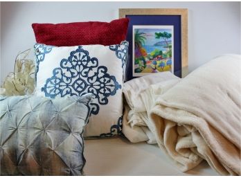 Misc Decor-throw Pillows, Large Blanket, Queen Sheet Set, Framed Print, Small Glass Decor
