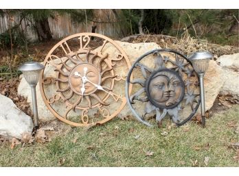 2 Metal Outside Wall Art-one Is A Clock-two Nice Solar Lights
