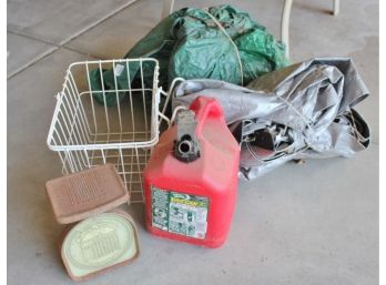 Wire Basket, 2 Tarps, Gas Can, Scale