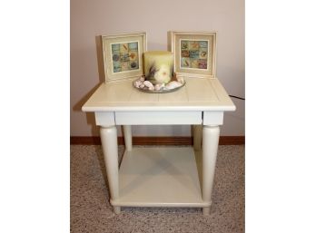 Wood End Table With Shell Decor - Eggshell Colored Table Is 20 X 20 And Has A Small Drawer